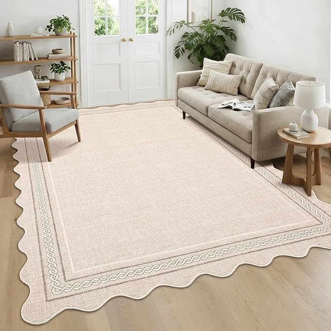 GarveeHome Scalloped Washable Area Rugs 4x6 Rug for Entryway Non Slip Living Room Area Rug Modern Soft Non Shedding Low Pile Stain Resistant Carpet for Bathroom Kitchen Bedroom Nursery, Beige