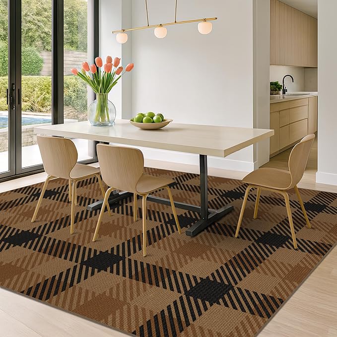 JTJ Brown Large Checkered Area Rug for Living Room - Washable 8x10 Easy Jute Plaid Rug for Dining Room Under Table, Black Striped Outdoor Porch Mat, Non Slip Foldable Neutral Earthy Rustic Décor