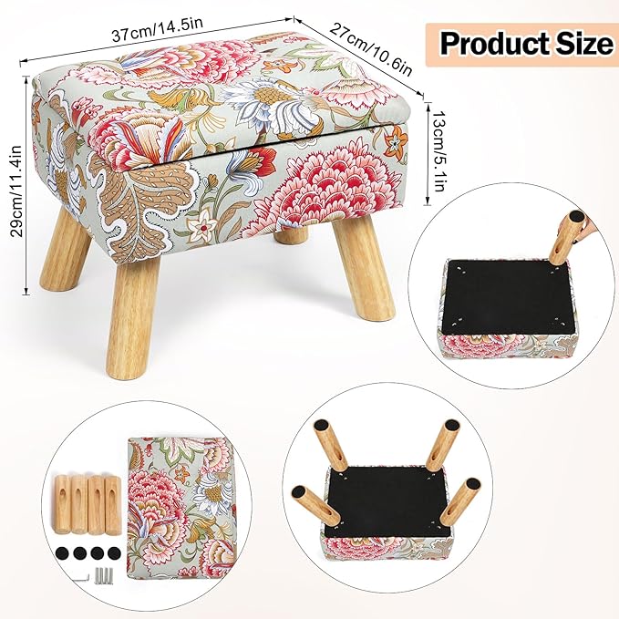 Square Storage Ottoman with Sturdy Wood Legs, Tufted Upholstered Footstool 14.5”L × 10.6”W × 11.4”H Boho Floral Upholstered Storage Footrest, Suitable for Living Room, Bedroom, Couch, Enterway