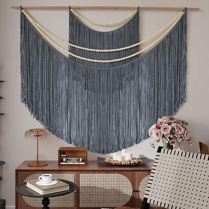 Jakalin Macrame Wall Decir Large Grey Fiber Yarn Wall Art Handmade Craftsmanship Boho Wall Decor Home Room Wall Decor,57" W x 46" L