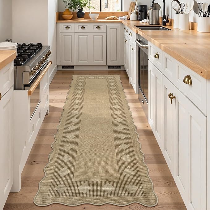 LIVEBOX Easy Jute Diamond Runner Rug for Kitchen, Scalloped Washable 2x8 Tan Rugs for Hallway Entryway, Geometric Checkered Indoor Outdoor Non Slip Rug Farmhouse Carpet Area Rugs for Porch Floor Mat