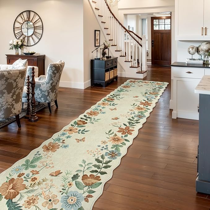 Lahome Floral Hallway Runner Rug Non Slip, 2'6''x10' Washable Runner Soft Ultra-Thin Soft Hallway Rug, Distressed Long Carpet for Entryway Bathroom Flore, Beige