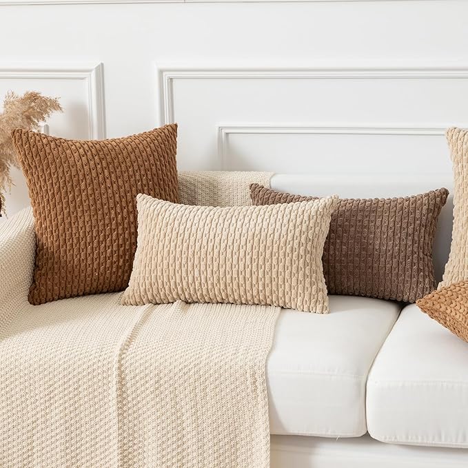 Kevin Textile 14x22 Inch Pillow Cover 1 Pack Boho Decorative Soft Striped Corduroy Lumbar Farmhouse Solid Color Accent Rectangle Cushion Case for Living Room Couch Sofa Bed, Beige