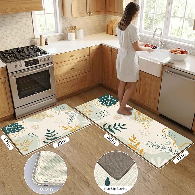 Boho Kitchen Rug Mats for Floor Cushioned Anti Fatigue Green Kitchen Rugs Sets of 2 Botanical Non Slip Waterproof Comfort Memory Foam Standing Floor Mat for Office Laundry Sink Desk