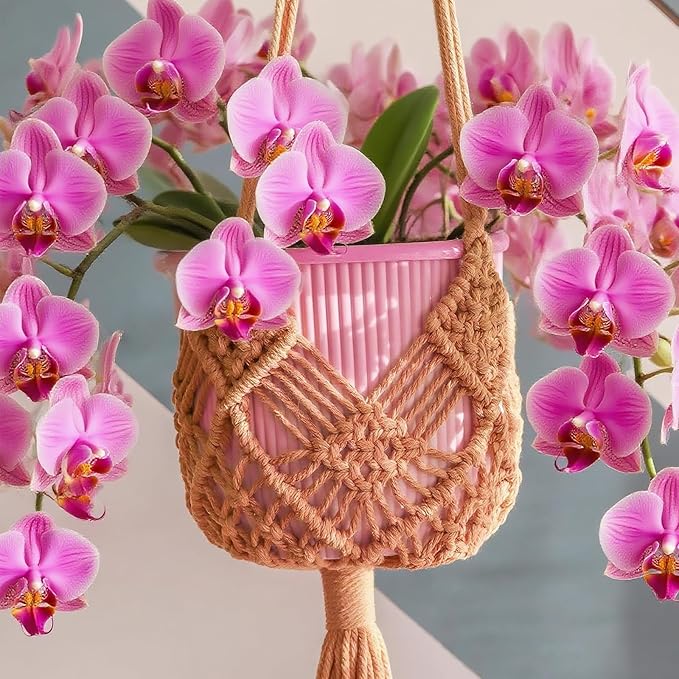 2 Pack Macrame Hanging Planters with Patterns - Stylish Plant Hangers Crochet Boho Plant Holder Hanging Plant Basket for Up to 6 Inch Pots(Caramel)