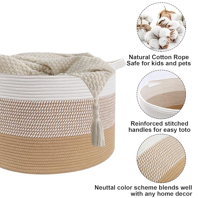 115L Large Blanket Basket,23.6"L x 23.6"W x 15.7"H Rope Woven Baskets with Handles, Toys Storage Bins,Laundry Basket Perfect for Living Room, Nursery,Bedroom,Home Organization,Yellow