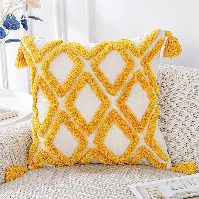 PANOD Super Soft Farmhouse Decorative Plush Throw Pillow Covers 16 x 16 Yellow,Solid Diamond Pattern Tufted with Tassels Modern Accent Boho Square Cushion Cover Pillow Case for Couch Sofa