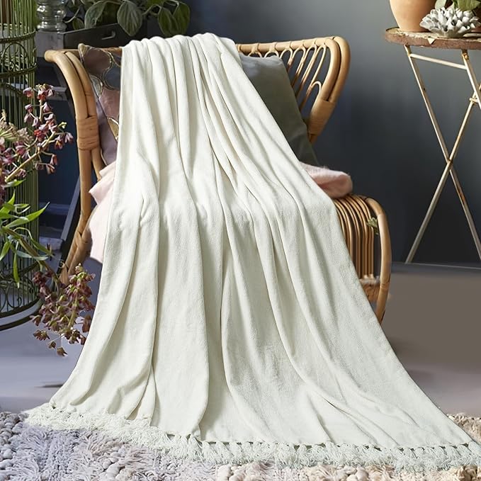 Chenille Throw Blanket for Couch 50"X 60", Soft Cozy Throws with Fringe Tassel for Bed Sofa Chair Cover, Lightweight Knitted Decorative Boho Blankets for Living Room, Ivory White