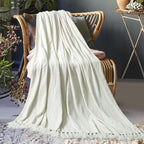 Chenille Throw Blanket for Couch 50"X 60", Soft Cozy Throws with Fringe Tassel for Bed Sofa Chair Cover, Lightweight Knitted Decorative Boho Blankets for Living Room, Ivory White