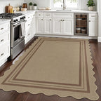 Scalloped 5x7 Rug for Living Room, Easy Jute Washable Outdoor Patio Carpet, Farmhouse Indoor Brown Geometric Rug Neutral Non Slip Carpet for Living Room Backyard