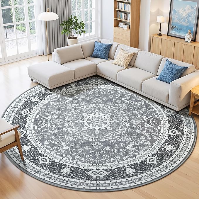 Lessymo Washable 8FT Round Area Rugs for Living Room, Non Slip Circle Rugs Low Pile Vintage Carpet for Bedroom, Dining Room, Nursery, Home Office, Grey White