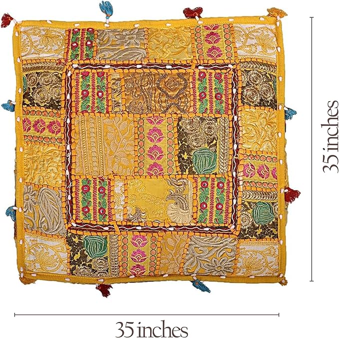 THE ART BOX Cotton Patchwork Vintage Boho Embroidered Floor Pillows & Cushion Cover Dog Pouf Seating Pouf Meditation Pillow Pet Bedding Cat Bed Boho Home Décor (35x35 Inches, Cover Only)