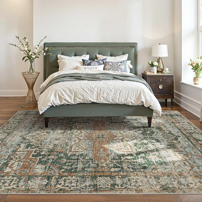 6x9 Area Rugs for Living Room Bedroom, Large Washable Rug, Green Vintage Floral Boho Style, Non Slip & Low Pile Carpet for Indoor Dining Room, Dorm and Kids Room(Green 6x9ft)