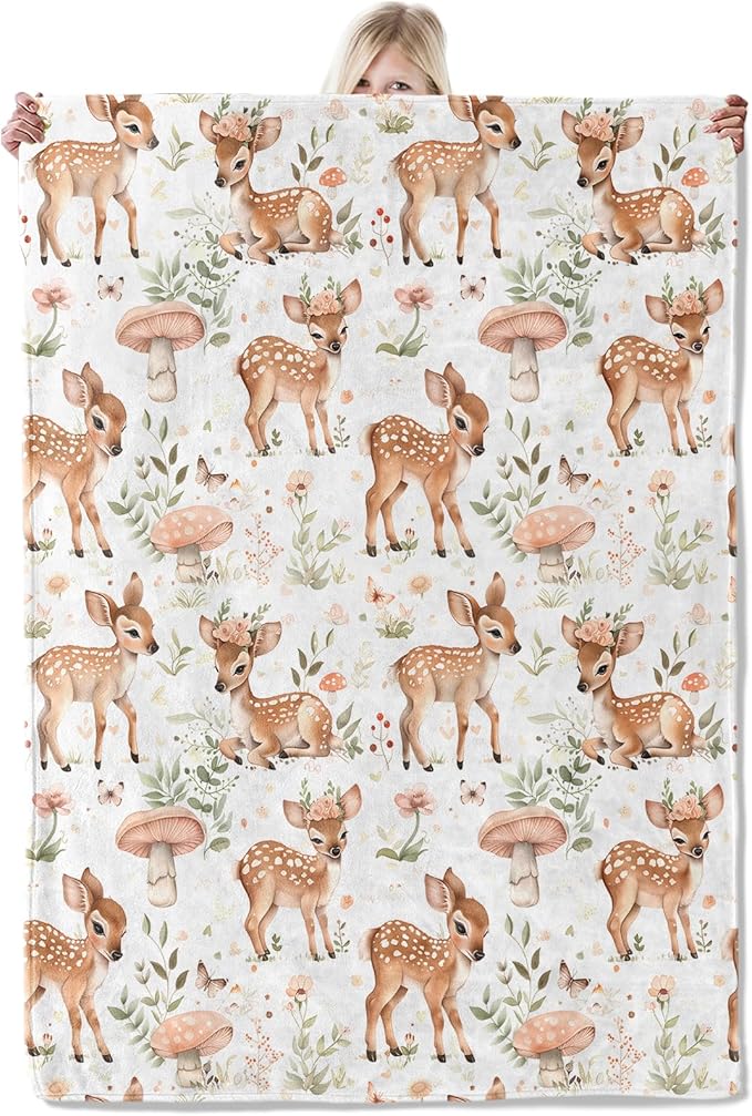 Cute Deer Blanket 40×50 Inch,Forest Fawn and Mushroom Print Lightweight Flannel Throw with Woodland on White Background,Spring Rustic Farmhouse Home Decor,Gifts for Girls,Women