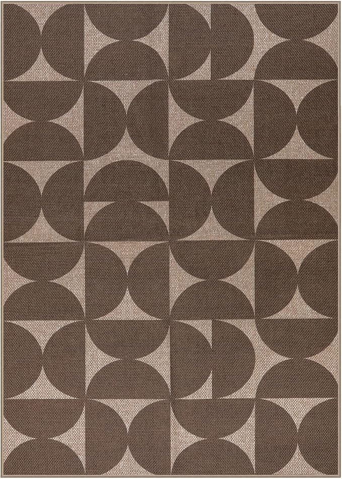 Lahome Modern Geometric Easy Jute Outdoor Rugs for Patio 5x7, Brown Washable Carpet for Living Room, Neutral Semi-Circle Thin Rug for Bedroom Office Entrance Porch Non Slip