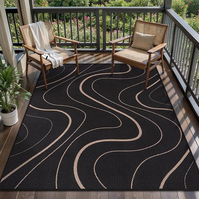 Tangsoo Easy Jute 4x6 Area Rug for Patio,Modern Washable Outdoor Thin Rug Non Slip Black Lines Indoor Carpet Farmhouse Throw Mat for Front Porch Balcony Living Room Diningroom