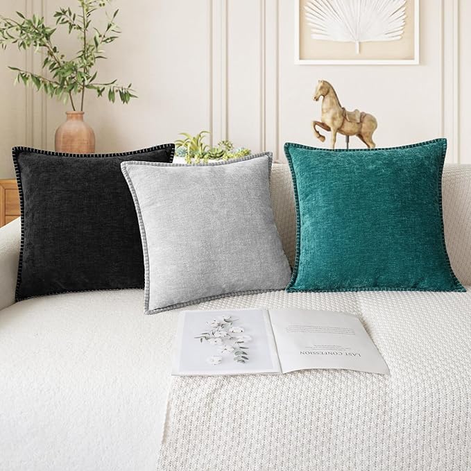 CaliTime Throw Pillow Covers Decorative 22 X 22 Inches Pack of 2 Cotton Thread Stitching Edges Solid Dyed Soft Chenille Cushion Cases for Couch Sofa Bed Living Room Farmhouse Moonbeam Gray