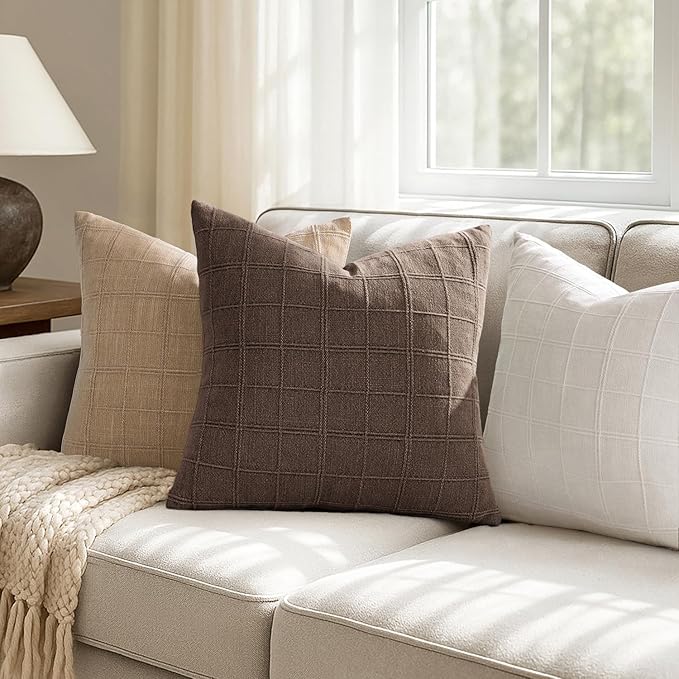 Woaboy Linen Check Throw Pillow Covers Brown Farmhouse Modern Boho Vintage 22x22 Inch Set of 2 Decorative Cushion Covers for Sofa Couch Bedroom Living Room Home Decor