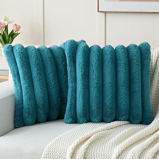 FUTEI Teal Decorative Throw Pillow Covers 16x16 Inch Set of 2, Square Soft Faux Rabbit Fur Thick Striped Cushion Cover,Spring Home Decor for Couch Bed Living Room