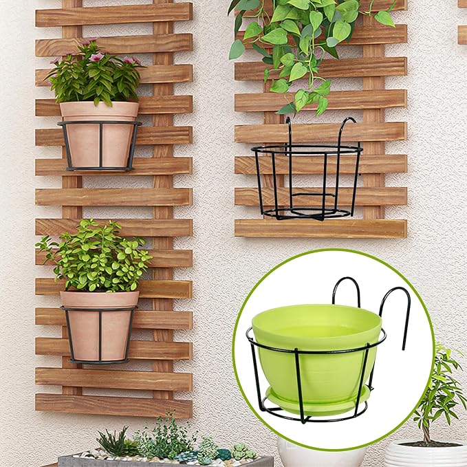 4 Pack Round Hanging Railing Planters - Metal Flower Pot Holder for Balcony and Fence （Black）