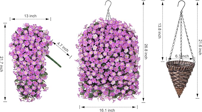 HyeFlora Artificial Fake Hanging Flowers with Basket for Outdoor Decoration,UV Resistant Faux Silk Daisy Flowers Light Fuchsia Orchid Vines in Planter Realistic Hanging Baskets for Home Porch Garden