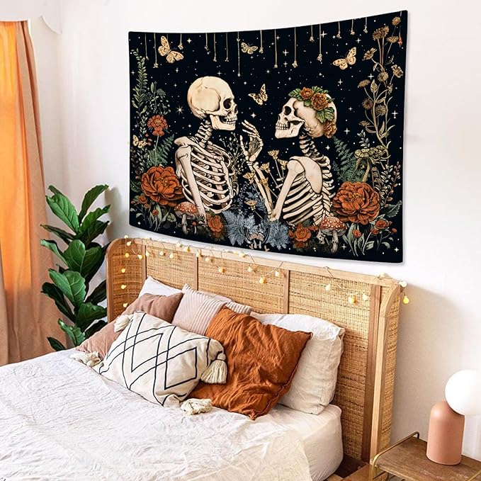 Wegklazax Floral Skeleton Lovers Tapestry Aesthetic Skull Gothic Tapestry for Bedroom The Lovers Wall Hanging for Bedroom Living Room Skull2 60×80 Inches