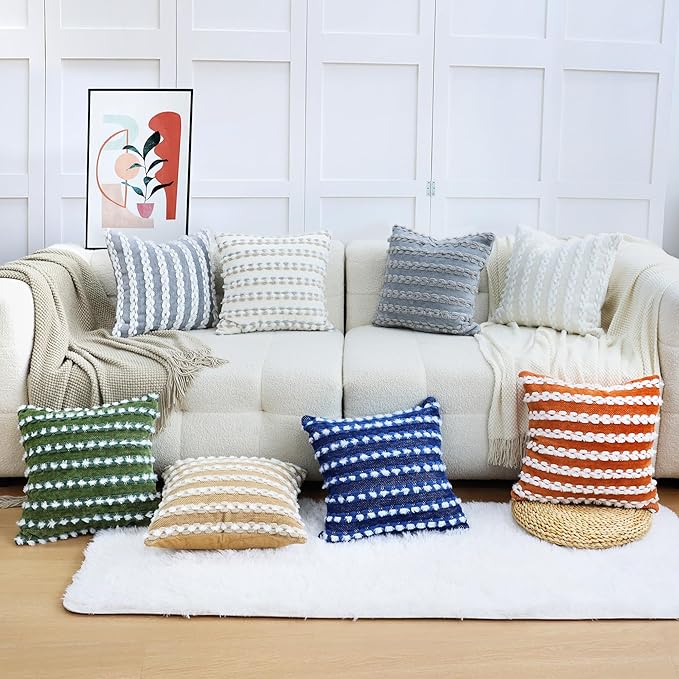 18x18 Boho Pillow Cover - Chenille Tufted Decorative Throw Pillow Cover Soft Velvet Backing, Farmhouse Square Accent Pillow Case for Sofa, Couch, Bedroom, Living Room, Grey-White Stripe