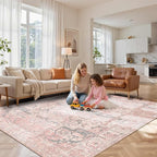 Pink Rug for Living Room Bedroom, 5x7 Washable Area Rugs, Cute Boho Style, Non Slip & Low Pile Faux Wool Carpet for Indoor Nursery Room, Classroom Dorm, Kids Room and Dining Room(Pink 5x7ft)