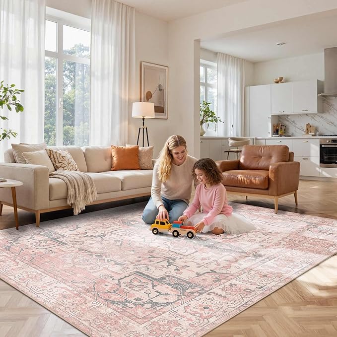 Pink Rug for Living Room Bedroom, 5x7 Washable Area Rugs, Cute Boho Style, Non Slip & Low Pile Faux Wool Carpet for Indoor Nursery Room, Classroom Dorm, Kids Room and Dining Room(Pink 5x7ft)