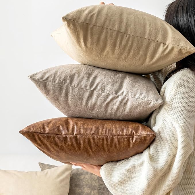 Oversized Vintage Decorative Pillow Covers 28x28, Pack of 2 Brown Thickened Abrasion Farmhouse Faux Leather Cushion Cover, for Home Decor Outdoor Pet Hair Resistant Throw Pillow Covers