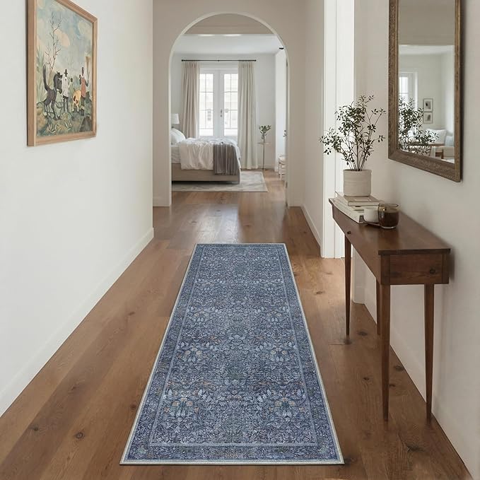 GENIMO 2x7 Runner Rug Non Slip Washable, Vintage Floral Kitchen Runner Rug, Low Pile Lightweight Hallway Runner for Laundry Room, Bathroom, Bedroom, Blue