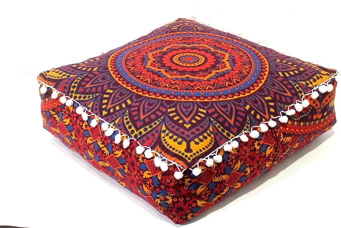CRAFT KALA Large Hippie Mandala Meditation Floor Ottoman Pillow Cushion Pouf Cover Square Poufs Bohemian Circle Floor Cushion Case Outdoor Fireplace Yoga Living Room Decor Cover New Orange, 24" Square