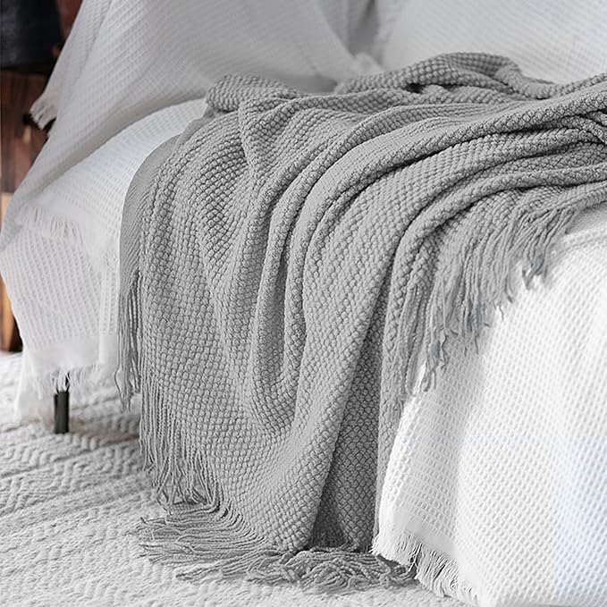 LOMAO Knitted Throw Blanket with Tassels Bubble Textured Soft Lightweight Throws for Couch Cover Home Decor (Light Grey, 50x60)
