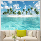 AOHMPT Ocean Tapestry, Beach Evening Sunset Tapestry, Natural Beach Palm Tree Landscape Tapestries Poster, Seaside Landscape Wall Hanging for Bedroom, Dorm Room and Living Room Wall Decor 79" L x 59" W