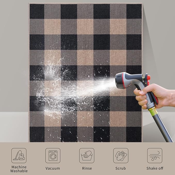 Tangsoo Checkered Easy Jute Rug, 2x3 Washable Ultra Thin Rug for Entryway Non-Slip Black Grey Outdoor Rug,Modern Front Door Mat Carpet for Kitchen Bedroom Porch Doorway