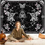 KJHL Skull Butterfly Floral Tapestry Black and White Gothic Skeleton Tapestry Wall Hanging Decor Pink Constellation Witchy Tapestries Aesthetic for Bedroom Living Room(59ʺ x 79ʺ)
