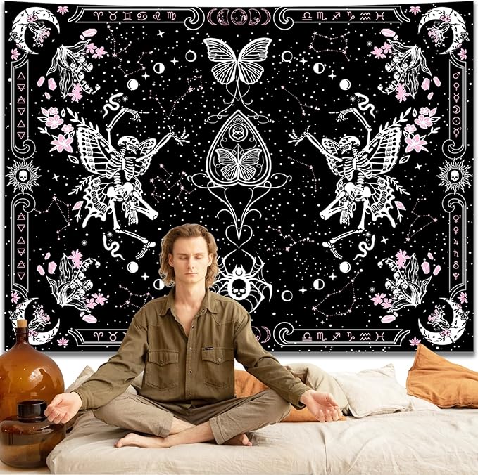 KJHL Skull Butterfly Floral Tapestry Black and White Gothic Skeleton Tapestry Wall Hanging Decor Pink Constellation Witchy Tapestries Aesthetic for Bedroom Living Room(44ʺ x 60ʺ)