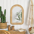 Arched Rattan Wall Mirror – 16x24 Inch Boho Elegance with Woven Frame and Wooden Bead Trim, Decorative Mirror for Bathroom Vanity Entryway Living Room