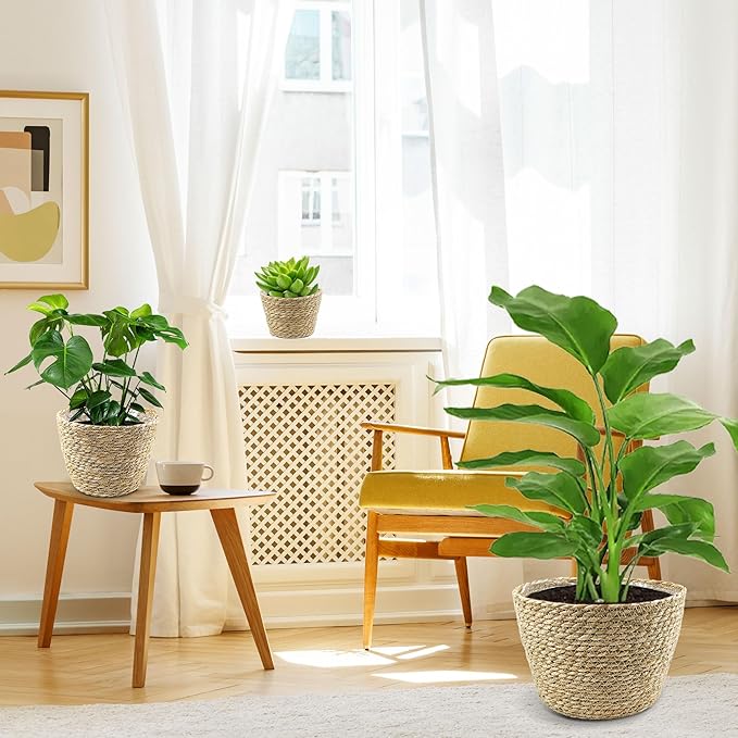 KJET 3PCS Seagrass Planter Basket with Plastic Liner, Boho Woven Plant Pots for Indoor Outdoor, Flower Baskets Containers for Garden and Home Decor