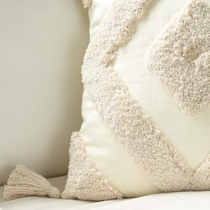 Snugtown Woven Tufted Boho Throw Pillow Cover Set of 2, Modern Decorative Geometric Diamond Chevron Cushion with Tassels, Farmhouse Tribal Pillowcase, 18 x 18 Inches, Ivory