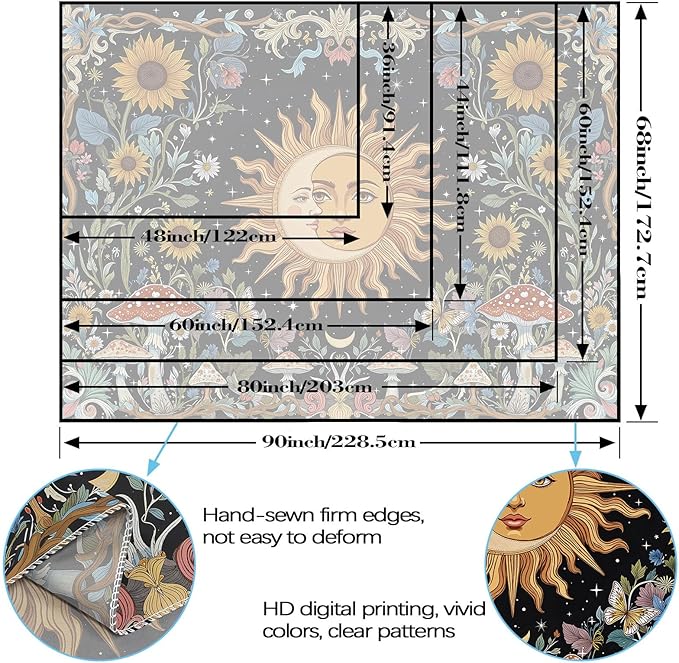 Fungarth Sun and Moon Tapestry Hippie Mushroom Boho Floral Wall Tapestry for Bedroom Aesthetic Vintage Sunflower Celestial Large Tapestries Wall Hanging for Living Room Dorm 80 x 60 Inch
