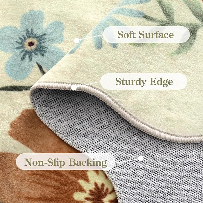 Lahome Floral Round Area Rugs, Washable Small Round Rug 3ft Non-Slip, Soft Boho Ultra-Thin Circle Carpet for Bedroom Entryway Kitchen Laundry Bathroom Flore, Beige