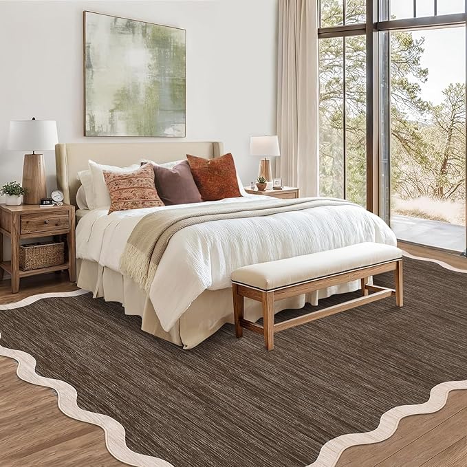 GarveeHome Scalloped Washable Area Rugs 5x7 Rug for Living Room Modern Non Slip Throw Rugs Brown Rug Soft Bedroom Rugs Non Shedding Low Pile Stain Resistant Carpet for Dining Room Nursery 5'x7' Brown