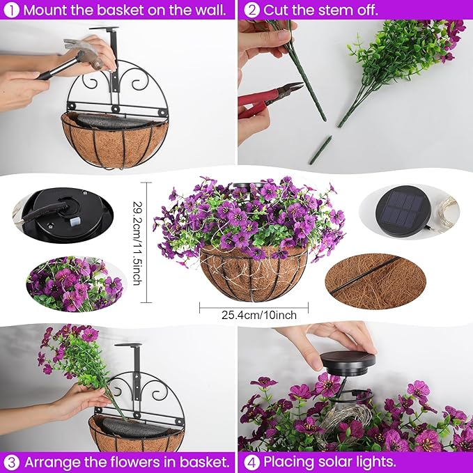 GOESWELL Wall Hanging Basket with Artificial Flowers: Fake Plants Basket with RGB String Lights for Fall Outdoor Decor - Solar Flowers Baskets with Faux Silk Flower for Front Porch Patio Garden Decor