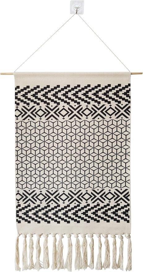 Macrame Woven Wall Tapestry Hanging Art, 20x34 Large Boho Chic Bohemian Morocco Black White Diamond Rhombus Geometric Tapestries Decor for Apartment Dorm Kids Living Room Bedroom Door Entrance