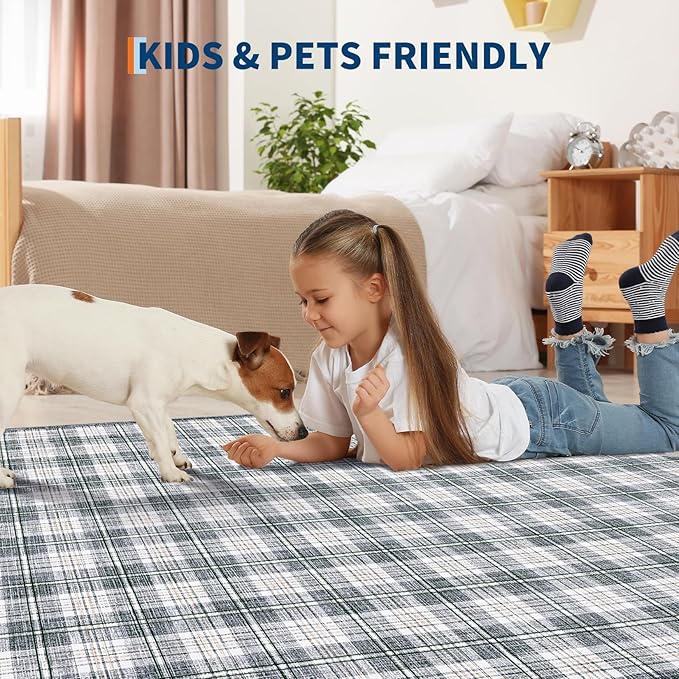 GarveeHome Machine Washable Area Rugs 8x10, Stain Resistant Non Slip Backing Low-Pile Checkered Rug Indoor Outdoor Carpet for Living Room Office Bedroom Dining Room Nursery Grey