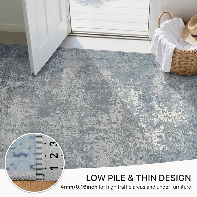 GENIMO Washable Area Rugs for Living Room, 8x10 Modern Non Slip Rugs, Low Pile Lightweight Soft Print Rug for Bedroom, Dining Room, Home Office, Haze Blue