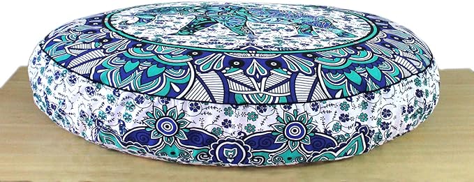 CRAFT KALA Mandala Floor Pillow Cushion Cover Seating Throw Cover Hippie Decorative Bohemian Ottoman Poufs Pom Pom Pillow Cases Boho Indian Cotton Living Room Home Décor (35" Round, Standing Elephant)