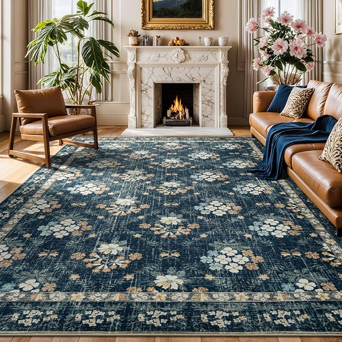 Lessymo Floral Living Room Rug 8x10 Area Rugs, Vintage Washable Rugs for Dining Room Bedroom, Low Pile Non Slip Rubber Mat, Distressed Indoor Boho Carpet, Navy/Beige