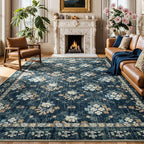 Lessymo Floral Living Room Rug 8x10 Area Rugs, Vintage Washable Rugs for Dining Room Bedroom, Low Pile Non Slip Rubber Mat, Distressed Indoor Boho Carpet, Navy/Beige
